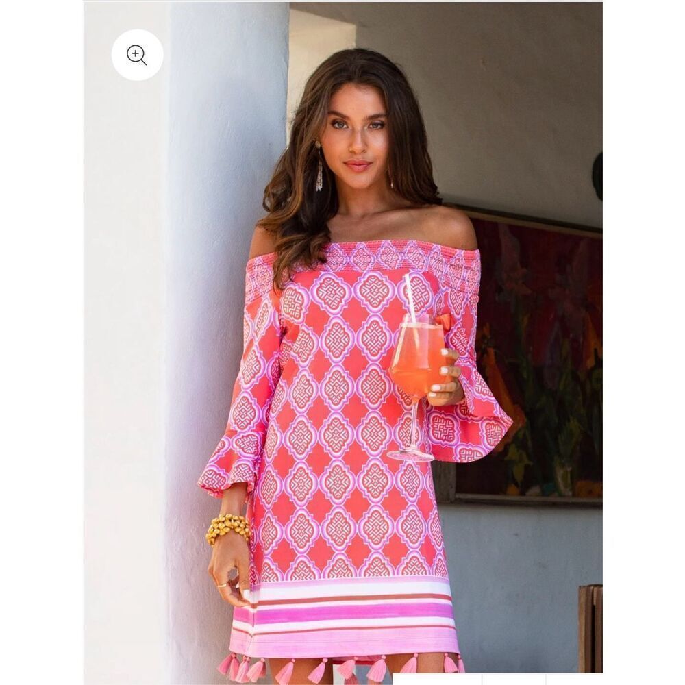 NEW Cabana Life Coral Geo Off The Shoulder smocked Dress Size L
